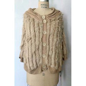 HALE BOB TAN RABBIT FUR SHAWL COLLAR KNIT PONCHO SWEATER L NWT